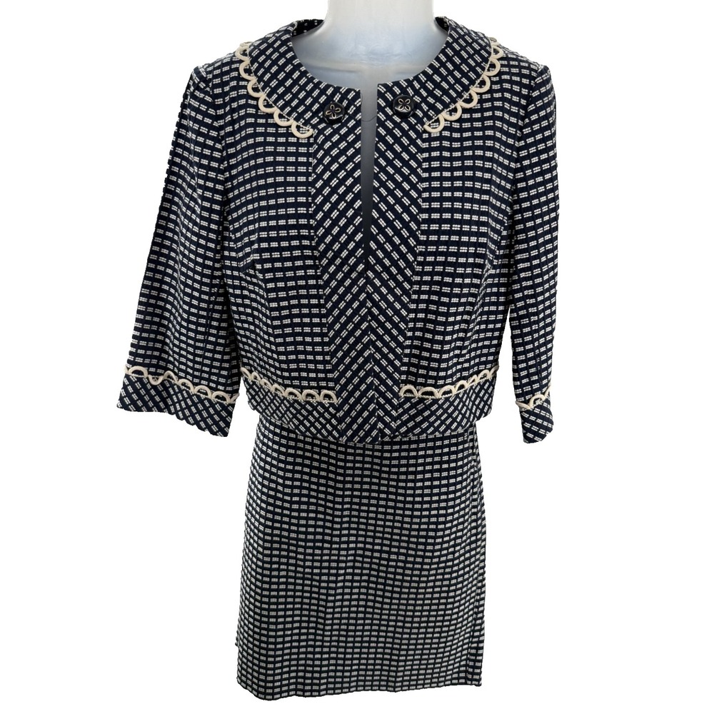 Trina Turk Navy White Textured‎ Scalloped Blazer Skirt Set Suit Womens 6